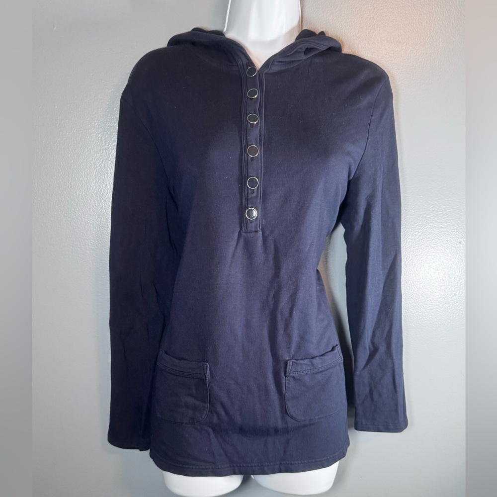 Talbots Petite Navy Snap Button Hoodie Tunic Top Pockets Size Large - Picture 5 of 12